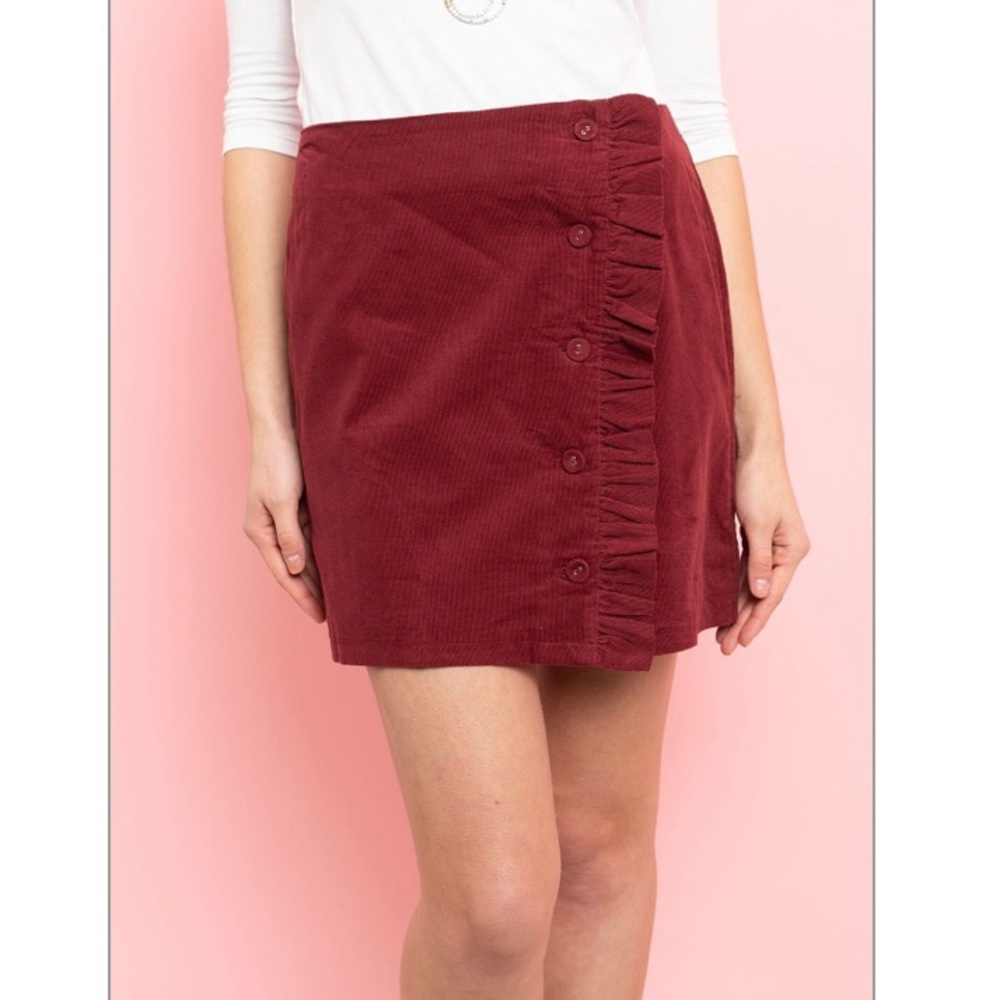 Button Front Fill Detail Wine Skirt